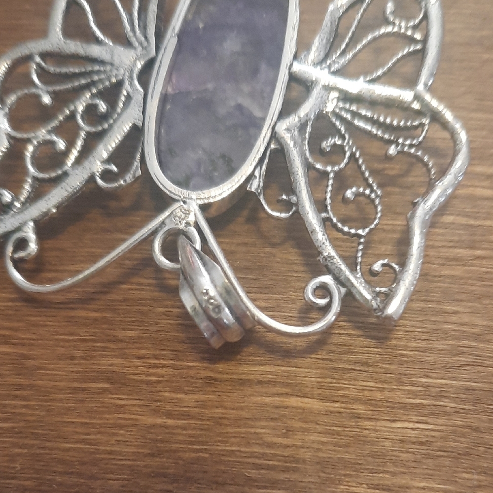Elegant Silver Butterfly Pendant with Purple Stone - Picture 2 of 4